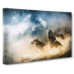 Big Box Art Wolves Howling in The Forest in Abstract Canvas Wall Art Framed Picture Print, 30 x 20 Inch (76 x 50 cm), Beige, Blue, Olive, Green, Teal, Black