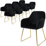 Ml-design - Set de 8 Chaises de Salle à Manger, Noir, Assise Rembourrée en Velours, Pieds Dorés en Métal, avec Dossier et Accoudoirs Ergonomiques,