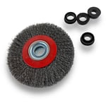 Brosse circulaire acier ø 125 mm Epaisseur 3 rangs Fil dur 0.30 mm ondulé Alésage 16 mm Touret meuleuse affûteuse ponceuse Brossage décapage