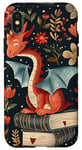 Coque pour iPhone X/XS Motif de ver de bibliothèque Cute Dragon Books Cottagecore