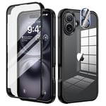 seacosmo Coque pour iPhone 16 6,1 Pouces, Antichoc Housse avec Verre Trempé et Caméra Protecteur [9H HD] 360° Protégé Etui Double Face Case Robuste Transparent Intégrale Coque pour iPhone 16 - Noir