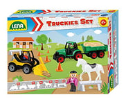 Lena 01632 - Truckies - 13 pièces - Contenu : Tracteur avec remorque de 36 cm, chargeuse sur Roues d'environ 21 cm, 3 Figurines, 1 Cheval, 2 barques et 5 pylônes, véhicules Utilitaires et Figurines