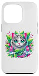 iPhone 13 Pro Beloved Cat with Green Leaves Cat Lovers Pink Waterfalls Case