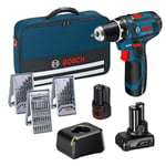 Bosch Professional-sarja: akkuporakone GSR 12V-15 + 1 x 2,0 Ah:n + 1 x 4,0 Ah:n akku + 39-os. tarvikesarja työkalulaukussa