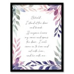 Artery8 Behold Stand at Door and Knock Violet Revelation New Testament Jesus Christ Christian Bible Faith God Quote Revelations Flowers Artwork Artwork Framed Wall Art Print 18X24 Inch