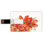 8G USB Flash Drives Credit Card Shape Watercolor Flower Decor Memory Stick Bank Card Style Pastoral Themed Large Lilies in Vibrant Colors Habitat Artwork,Red Green Waterproof Pen Thumb Lovely Jump Dr