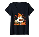 Womens Cute Ghost Reading Book Lovers Halloween Ghost Coffee Cozy V-Neck T-Shirt