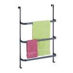 Relaxdays Towel Rail, Without Drilling, 3 Bars & 2 Hooks, 85 x 54.5 x 15 cm, Over-The-Door Rack, Steel, Anthracite