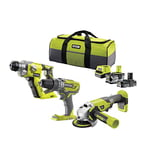 RYOBI - Trio 18V ONE+ : perceuse-visseuse à percussion + marteau perforateur SDS+ + meuleuse d'angle 115 mm - Livré en sac de transport avec 2 batteries 4 et 2 Ah et 1 chargeur rapide - RCK183D-242S