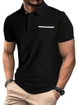 YUNDAI Mens Polo Shirts Summer Short Sleeve Breathable Cotton Buttons T-Shirt Casual Golf Tennis Gym Tops for Men UK with Pocket, Medium Black