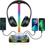 Support Casque De Gaming Pc Et Chargeur Sans Fil, Porte Casque Gamer Rgb Wireless Charge Avec 2*Type-C 1*Usb Stand Transmission De Données Casque Noir[CAS312794]