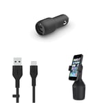 Belkin Premuim Car Bundle(37W Dual Port Fast Car Charger & USB-C to USB-A 1m charging cable & Car Cup Mount)