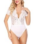 Avidlove Body Dentelle Femme Lingerie Sexy Femme Coquine Hot Manches Courtes Body Femme Top Dentelle Femme Blanc S