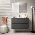 Caesaroo - Meuble de salle de bain suspendu 90 cm gris opaque avec lavabo en porcelaine Avec colonne, miroir et lampe led
