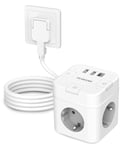 SUDEERY Cube de prise 6 en 1 avec USB C, 3 prises, prise plate avec interrupteur individuel, multiprise cube avec câble de 2 m, 1 multiprise USB de type C pour bureau, maison, voyage (blanc)