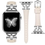 MroTech Compatible avec Bracelet Apple Watch 41mm/40mm/41mm pour Femmes Bracelet Cuir Veau véritable étroit Mince Compatible pour Bracelet Apple Watch Se Se2 Série 9/8/7/6/5/4/3/2/1 Band-Beige/Argent