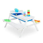 Relaxdays Table de Jeu d’extérieur Enfants, Table Pique-Nique Bois, bacs Plastique, Rangement, HLP: 50x89x85 cm, Blanc