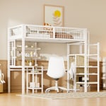 Okwish - Lit mezzanine 90x200 avec échelle de sécurité, lit enfant avec armoire à structure en fer et table d'ordinateur blanc