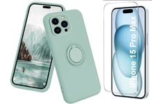 Coque Silicone Pour iPhone 15 Pro Max Couleur Vert Avec Anneau Support + Verre T