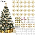 120 st/set Glitter Konstgjorda Blommor Snöflingor Klockor för Julgran Dekoration DIY Julparty Dekorationer Guld