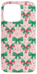 iPhone 15 Pro Max Green Bows On Pink Preppy Christmas Festive Pattern Case