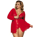 GROPC Women Satin Dressing Gown,Valentines Day Sexy Lingerie See-Through Eyelash Lace Long Sleeve Babydoll Kimono Mini Robe Dress Bathrobe Nightie Nightgown Sleepwear For Friend Gift,Red,M