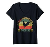 Womens Easily Distracted By Chickens Funny Retro Animal Farm Lover V-Neck T-Shirt