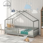 Lit 90x200cm de maison pour enfants en bois massif - Avec barrière et sommier à lattes - Gris