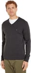 Tommy Hilfiger Men’s V-Neck Essential Cotton Jumper, Grey (Dark Grey Heather), XL