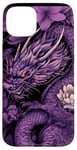 Coque pour iPhone 15 Plus Violet Art Déco Floral Dragon Japonais Samouraï Esthétique