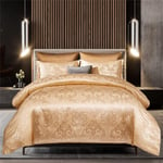 Gold Satin Jacquard Bedding Set for Adults Flower Silk Duvet Cover w/2 Pillow