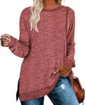 Cuptacc Pull Femme Tunique Blouse Automne Casual Chemise Longue Femme Ample Sweat-Shirt Party Pulls Crew Neck Tops Vin Rouge Grand L