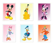 DKORARTE Lot de 6 tableaux avec base en bois, décoration de salon modernes, chambres à coucher, chambre d'enfant, Mickey, Daisy, Pluto, Goofy, Donald, Minnie avec crochets métalliques (38 x 29 cm