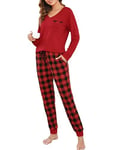 Vlazom Pyjama Femme Hiver Ensembles de Pyjama à Manche Longue Col en V Vêtements de Nuit à Carreaux Chaud Long，A-Rouge，XL