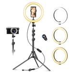 10" Ring Light avec Trépied Grand, Anneau Lumineux Selfie pour Youtube/Live Stream/Maquillage, LED Light Ring pour Vidéo/Photo, Réglable Anneau Lumière avec 3 Modes d'Eclairage et 10 Niveaux