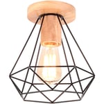 Rétro Diamant Plafonnier Industrielle Cage en Métal et Bois E27 40W Noir