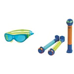 Zoggs Kids' Phantom Junior Swimming Goggle/Mask Anti-fog And UV Protection, Blue, Yellow, Tint, 6-14 Years & Children's Zoggy Sinking Dive Sticks Pool Toy and Game, Blue/Lime/Orange, 3 Years +