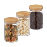 Relaxdays Lot de 3 bocaux en Verre, Couvercle Bambou, Bocal Conservation Rond, 800 ML, hermétique, Transparent/Naturel