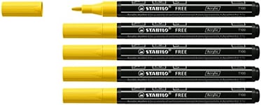 Marqueur acrylique - STABILO FREE Acrylic T100 - Lot x 5 marqueurs peinture - Pointe fine - jaune