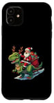 Coque pour iPhone 11 Costume de pyjama Père Noël chevauchant dinosaure T rex cerf lumières de Noël