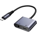 Adaptateur 2en1 pour chargeur iPhone + casque Lightning / mini jack 3,5 mm noir