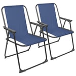 2x Matt Black/Navy Folding Metal Beach Chairs Portable Outdoor Camping Fishing