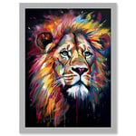 Lion Head Oil Painting Rainbow Colour Mane Hair Vibrant Portrait Artwork Framed A3 Wall Art Print