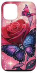 Coque pour iPhone 12/12 Pro Rose et papillon mignon sur fond rose