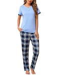 Irdcomps Pyjama Femme Coton Pyjamas Femme Été T-Shirt Manches Courtes Ensemble de Pyjama Femme Pantalon de Sleepwear à Carreaux Vêtements de Nuit Femme 2 Pièces Bleu Clair S