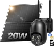 Nausi Camera 4G Exterieure Solaire Avec 20W Panneau Solaire,2K Camera De Surveillance Avec Sim Carte Enregistrement 24/7 Et Vision Nocturne Coloree,Detection Pir Et Impermeable Ip66