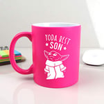 eBuyGB Personalised Coffee Mug, Neon Pink Baby Yoda Mug, 350ml Star Wars Themed Tea Cup, Funny Gifts for Son from Mum & Dad (Yoda Best Son)