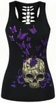 Ocean Plus Femme Crâne Sport Débardeurs Gothique Cache-cœur Gilet d'entraînement sans Manches Chemise Criss Cross Noir T-Shirt Halloween (L (Brustumfang: 92 cm), Crâne de Papillon Violet)