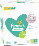 Pampers Sensitive Baby Wipes 15 Packs of 80 = 1200 Baby Wet Wipes, Unscented, fo