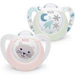 NUK Star Night & Day Tétine pour bébé - 0-6 mois - Sucettes phosphorescentes - Silicone sans BPA - Chat rose - 2 pièces